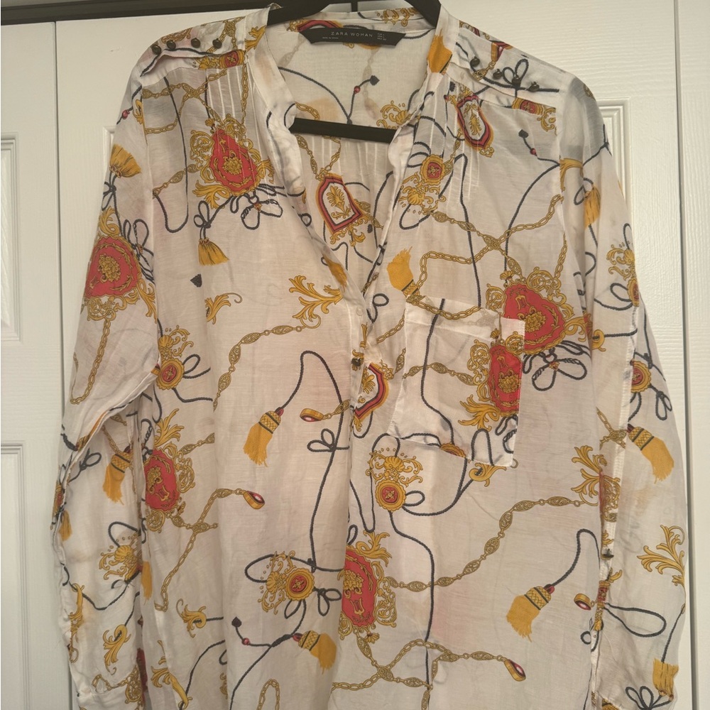 Zara White Blouse with Gold and Red Accents